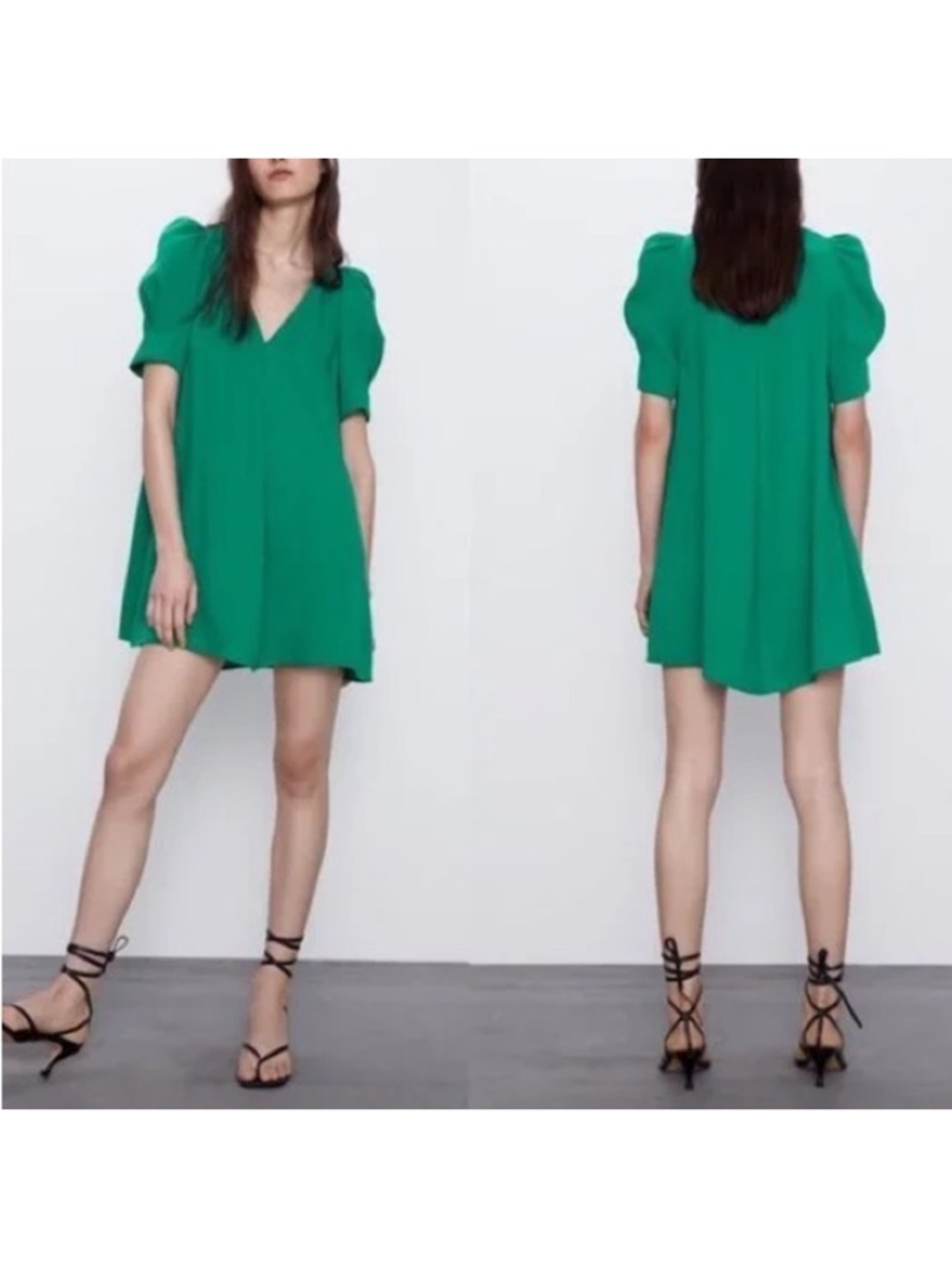 Zara Green Puff Sleeve V-Neck Mini Dress